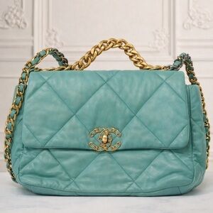 CHANEL 19 Turqouise (blue/green) Quilted Shoulder Bag with multi metal chain